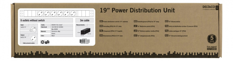DELTACO power strip with 6xCEE 7/4 socket, 1xCEE 7/7, cap protection, black