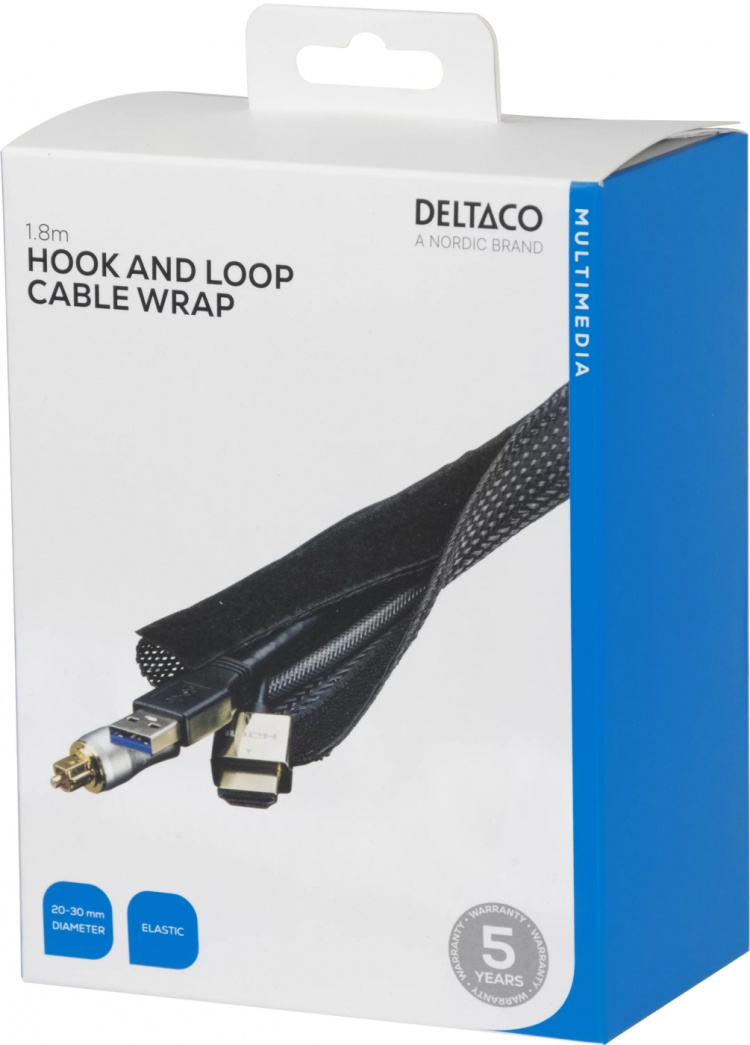 DELTACO nylon cable wrap, hook and loop fastener, 1,8m, black