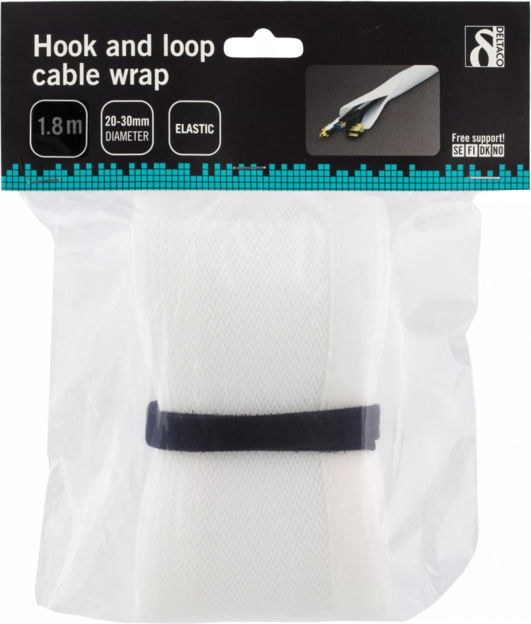 DELTACO nylon cable wrap, hook and loop fastener, 1.8m, white DELTACO nylon cable wrap, hook and loop fastener, 1.8m, white