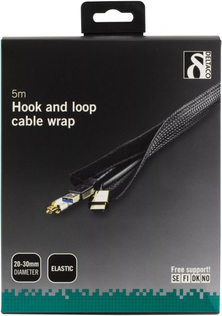 DELTACO nylon cable wrap, hook and loop fastener, 5m, black