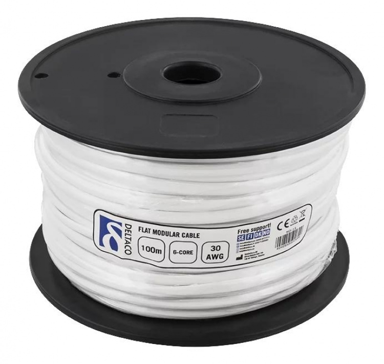 DELTACO Modularkabel, 6P, rulle, 100m, vit