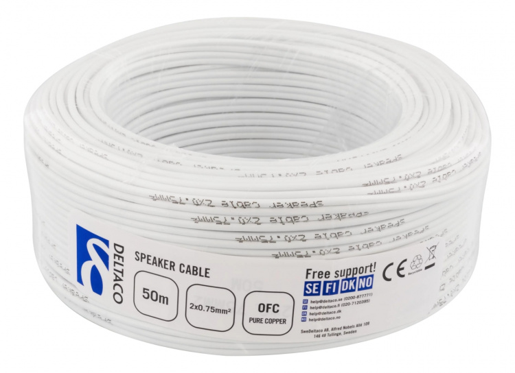 Högtalarkabel, 2x0,75mm, vit, rulle om 50m