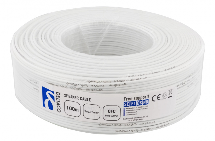 DELTACO Högtalarkabel, 2x0,75mm, ledare av ren koppar, 100m, vit DELTACO Högtalarkabel, 2x0,75mm, ledare av ren koppar, 100m, vit