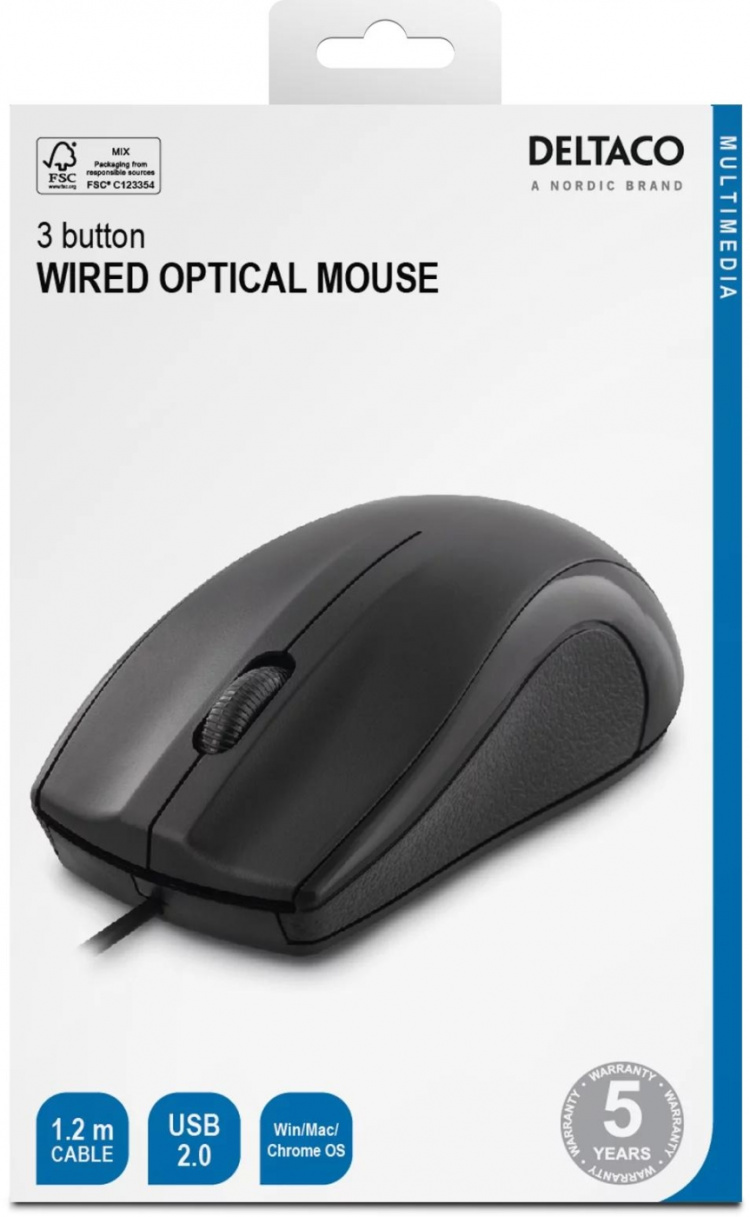 DELTACO wired optical mouse, 3 buttons with a scroll, 1200 DPI, black DELTACO wired optical mouse, 3 buttons with a scroll, 1200 DPI, black