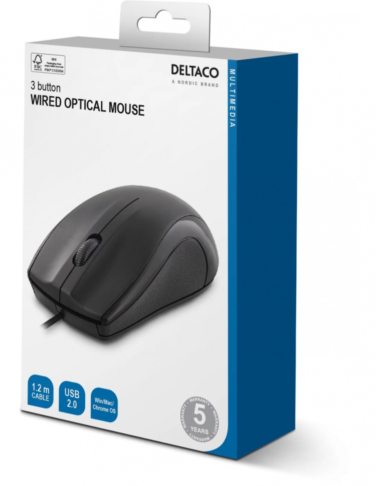 DELTACO wired optical mouse, 3 buttons with a scroll, 1200 DPI, black DELTACO wired optical mouse, 3 buttons with a scroll, 1200 DPI, black