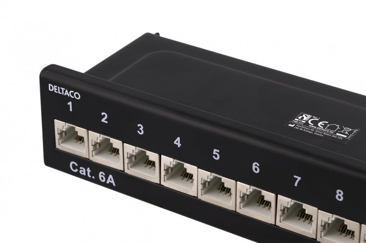 DELTACO Patch Panel, 12xRJ45, Cat6a, wall-mountable, metal, black DELTACO Patch Panel, 12xRJ45, Cat6a, wall-mountable, metal, black