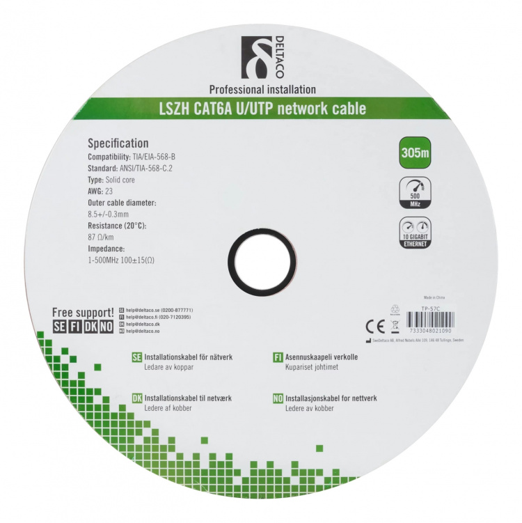 DELTACO U/UTP Cat6a installation cable, 305m, 500MHz, LSZH, white
