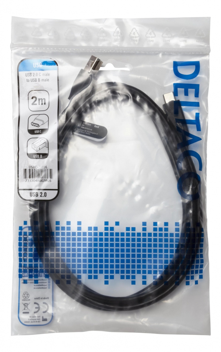 DELTACO USB 2.0 cable, Type C M - Type B M, 2m, black DELTACO USB 2.0 cable, Type C M - Type B M, 2m, black