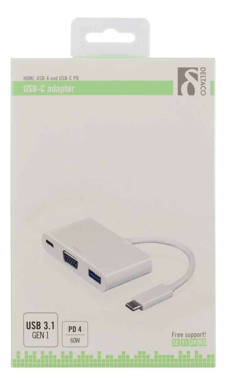 DELTACO USB-C to VGA and USB Type A adapter, USB-C FM, 60W, white DELTACO USB-C to VGA and USB Type A adapter, USB-C FM, 60W, white