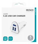 DELTACO car charger, 5,2 A, 3x USB-A, 12-24 V DC input, white/silver