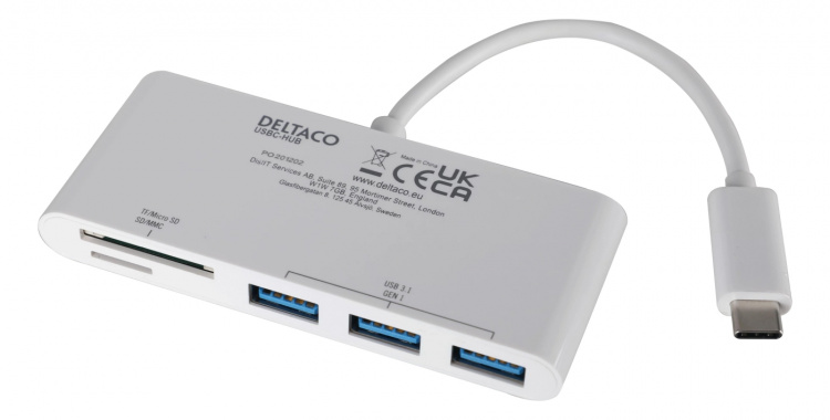 DELTACO USB 3.1 Gen 1 hub, USB-C, 3USB A, SD/microSD reader, white DELTACO USB 3.1 Gen 1 hub, USB-C, 3USB A, SD/microSD reader, white