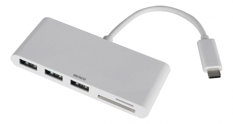 DELTACO USB 3.1 Gen 1 hub, USB-C, 3USB A, SD/microSD reader, white DELTACO USB 3.1 Gen 1 hub, USB-C, 3USB A, SD/microSD reader, white