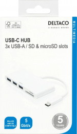 DELTACO USB 3.1 Gen 1 hub, USB-C, 3USB A, SD/microSD reader, white DELTACO USB 3.1 Gen 1 hub, USB-C, 3USB A, SD/microSD reader, white