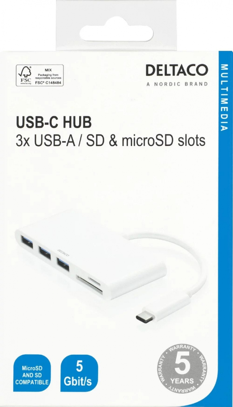 DELTACO USB 3.1 Gen 1 hub, USB-C, 3USB A, SD/microSD reader, white DELTACO USB 3.1 Gen 1 hub, USB-C, 3USB A, SD/microSD reader, white