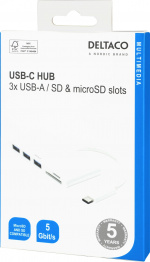 DELTACO USB 3.1 Gen 1 hub, USB-C, 3USB A, SD/microSD reader, white DELTACO USB 3.1 Gen 1 hub, USB-C, 3USB A, SD/microSD reader, white