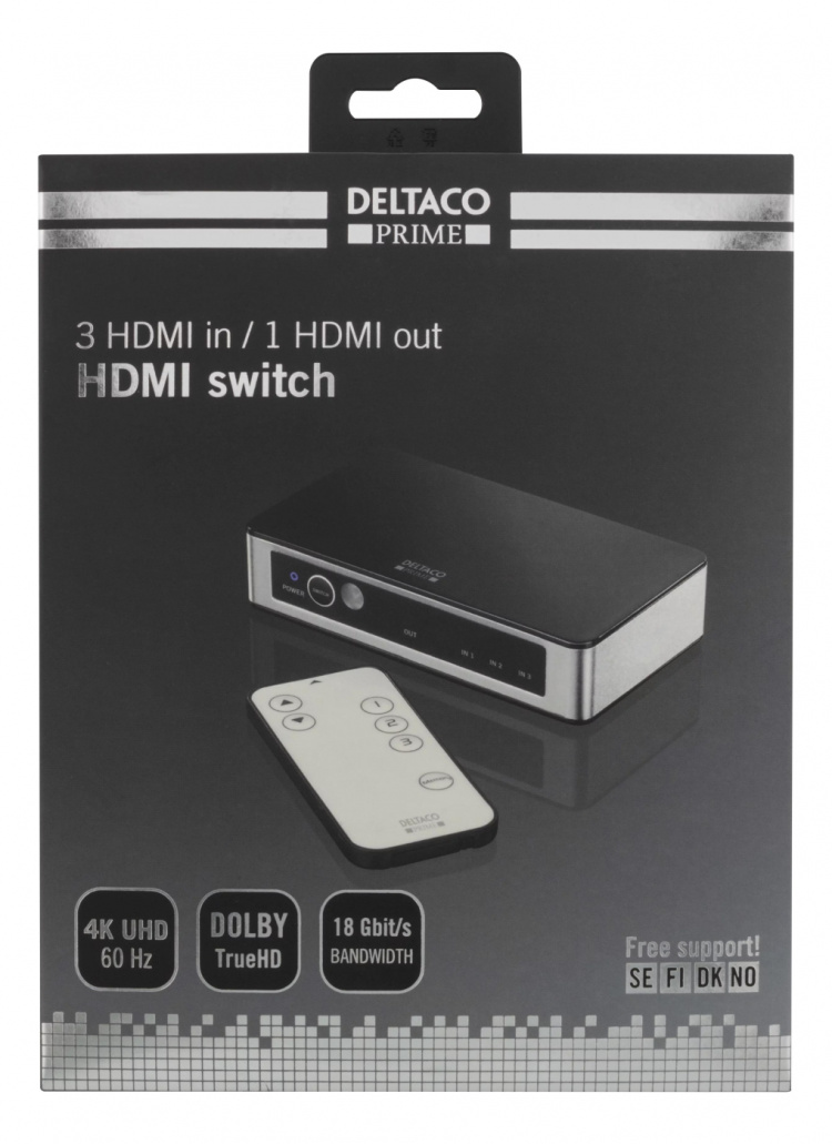 DELTACO PRIME Premium 3 Port HDMI Switch with IR Wireless Remote
