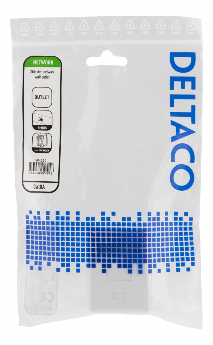 DELTACO shielding network wall socket, Surface FTP 1xRJ45, Cat6A,white