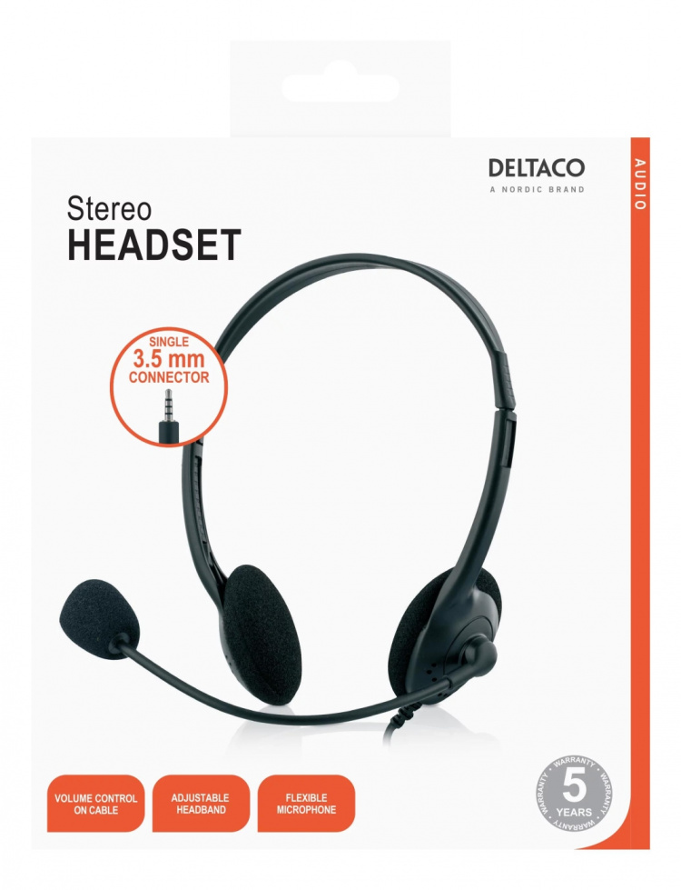 DELTACO Stereo Headset, 30 mm element, 1x 3.5 mm (4-pole), black DELTACO Stereo Headset, 30 mm element, 1x 3.5 mm (4-pole), black