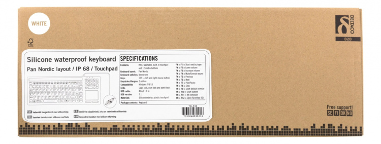 DELTACO rubberized keyboard with touchpad, IP68, 105 keys, white DELTACO rubberized keyboard with touchpad, IP68, 105 keys, white