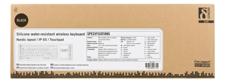 DELTACO Wireless Keyboard with touchpad, silicone, IP65, 2,4 GHz,black