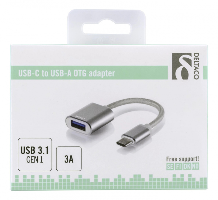 DELTACO USB-C 3.1 Gen 1 to USB-A OTG adapter, alu, retail box, silver
