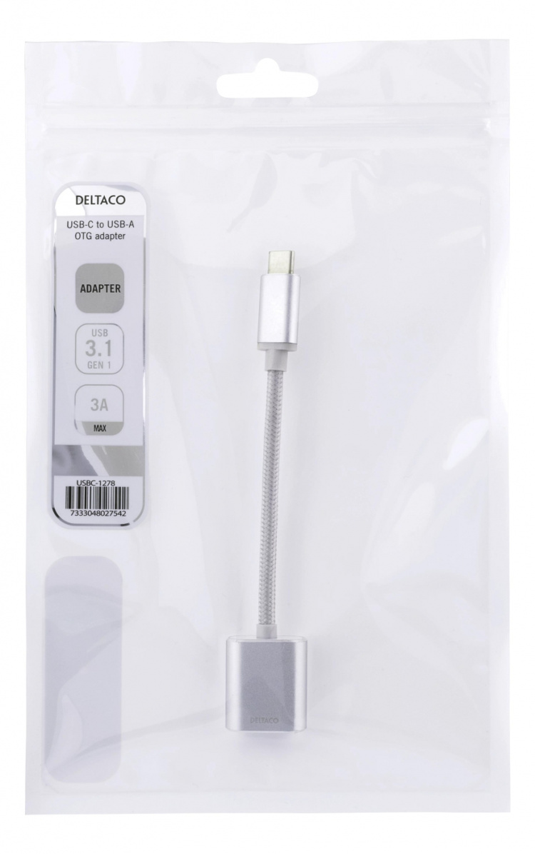 DELTACO USB-C 3.1 Gen 1 to USB-A OTG adapter, alu, white bag, silver
