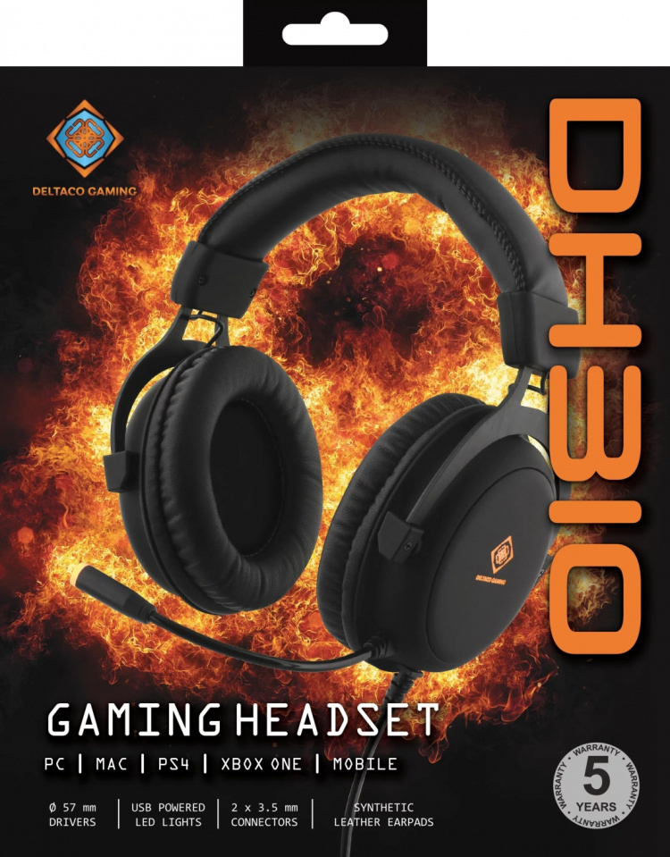 DELTACO GAMING Stereoheadset för gaming, 57mm element, LED-belysning, svart
