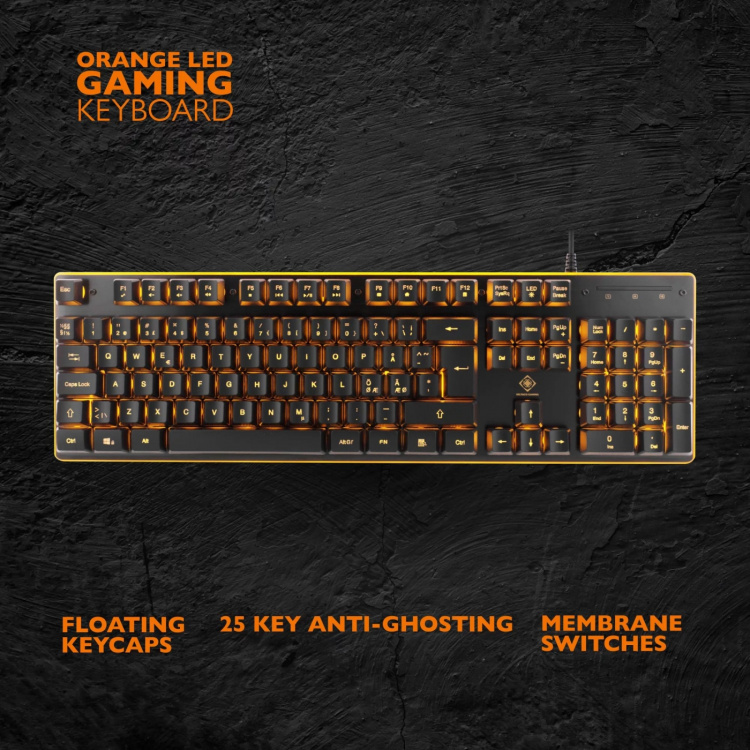 DELTACO GAMING keyboard with membrane switch, Nordic layout, orange lighting