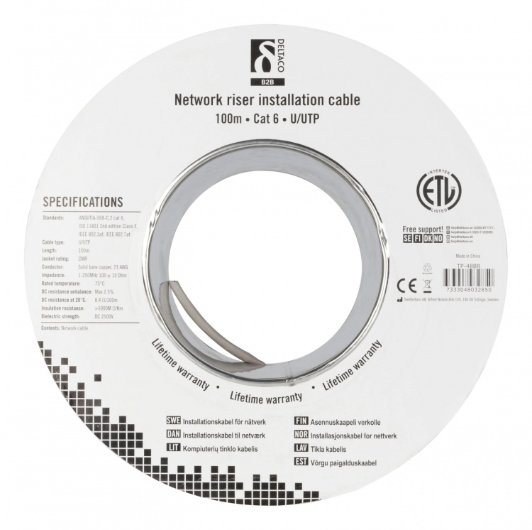 DELTACO U/UTP Cat6 installation riser cable, 100m reel, 250MHz, Delta DELTACO U/UTP Cat6 installation riser cable, 100m reel, 250MHz, Delta