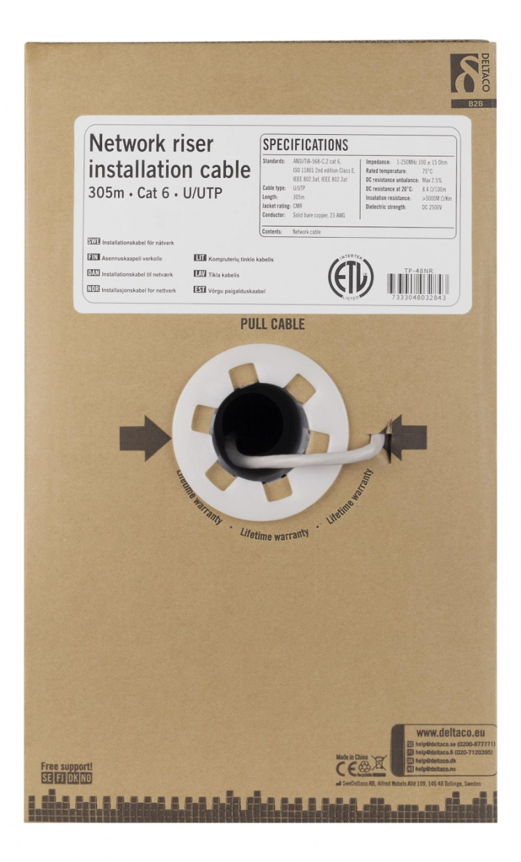 DELTACO U/UTP Cat6 installation riser cable, 305m box, 250MHz, Delta c