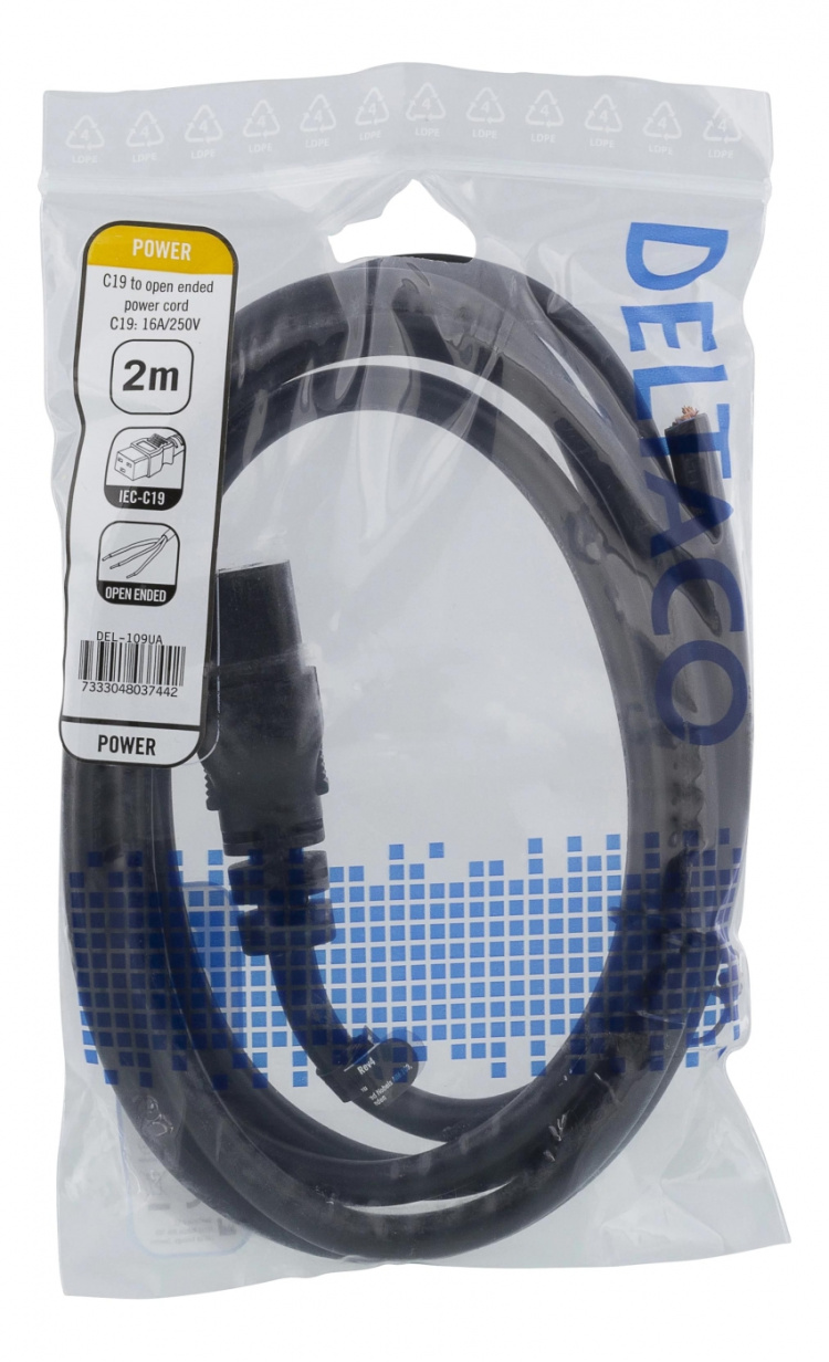 DELTACO C19 to open ended power cord, 2m, IEC C19, 10A, black