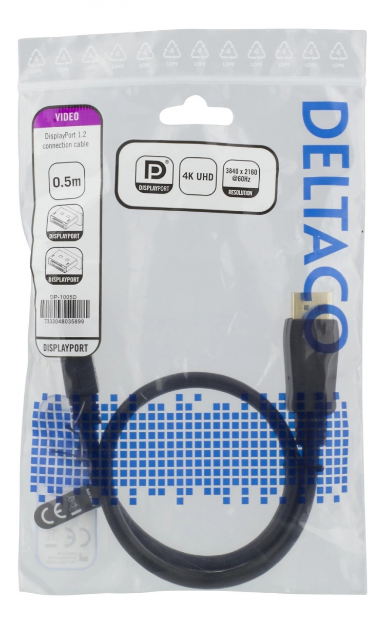 DELTACO DisplayPort cable, 0,5m, 4K UHD, DP 1.2, black