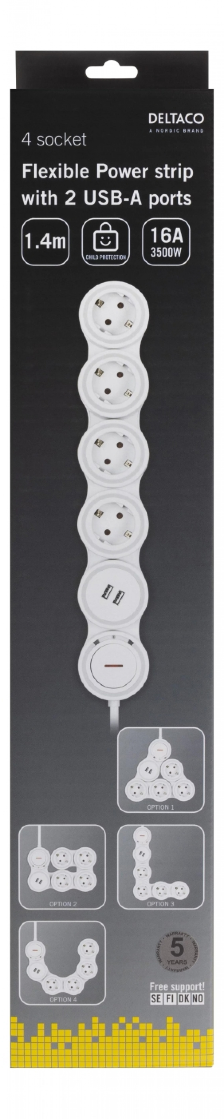 DELTACO Flexible 4-Socket Power strip, 1,4m, 16A 3500W, 2x USB-A, whit DELTACO Flexible 4-Socket Power strip, 1,4m, 16A 3500W, 2x USB-A, whit