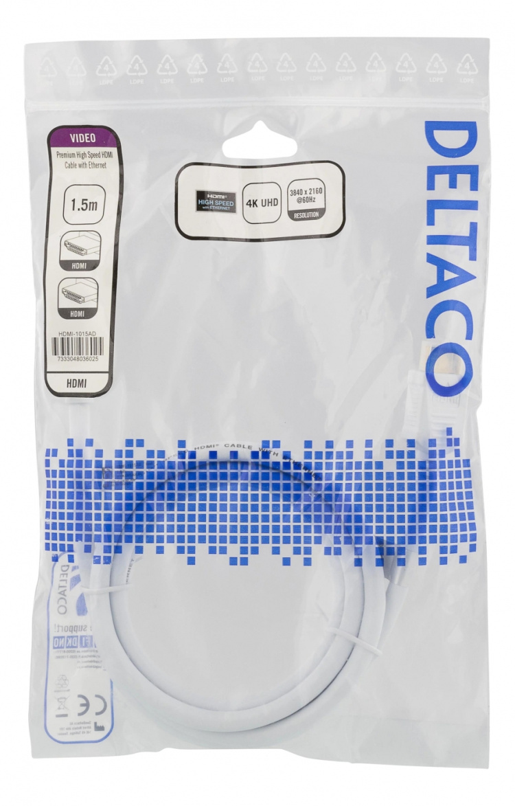 DELTACO High-Speed Premium HDMI cable, 1,5m, Ethernet, 4K UHD, white
