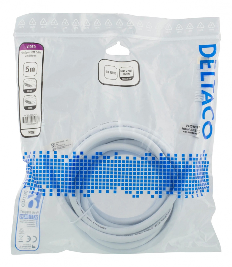 DELTACO High-Speed HDMI cable, 5m, Ethernet, 4K UHD, white DELTACO High-Speed HDMI cable, 5m, Ethernet, 4K UHD, white