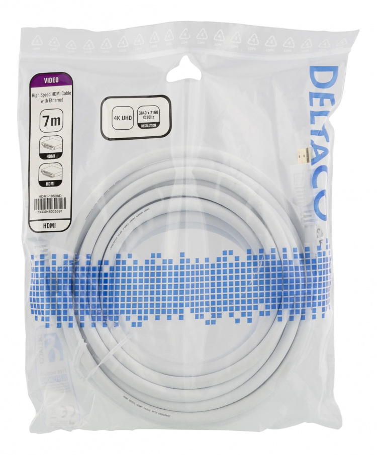 DELTACO High-Speed HDMI cable, 7m, Ethernet, 4K UHD, white