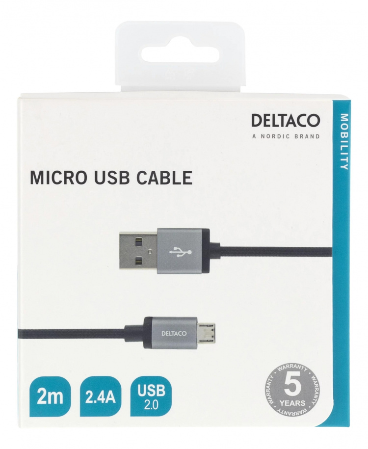 DELTACO USB cable, braided, Type A ha - Type Micro B, 2m, black DELTACO USB cable, braided, Type A ha - Type Micro B, 2m, black
