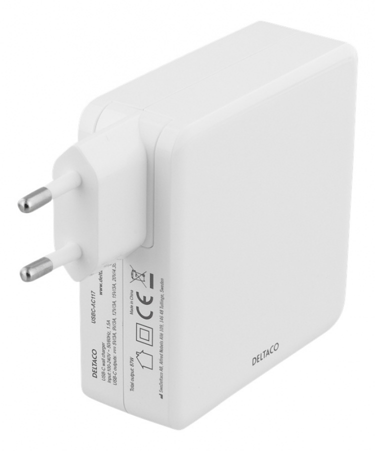 DELTACO 87W USB-C Power supply, Fast charging, USB-C PD, white DELTACO 87W USB-C Power supply, Fast charging, USB-C PD, white