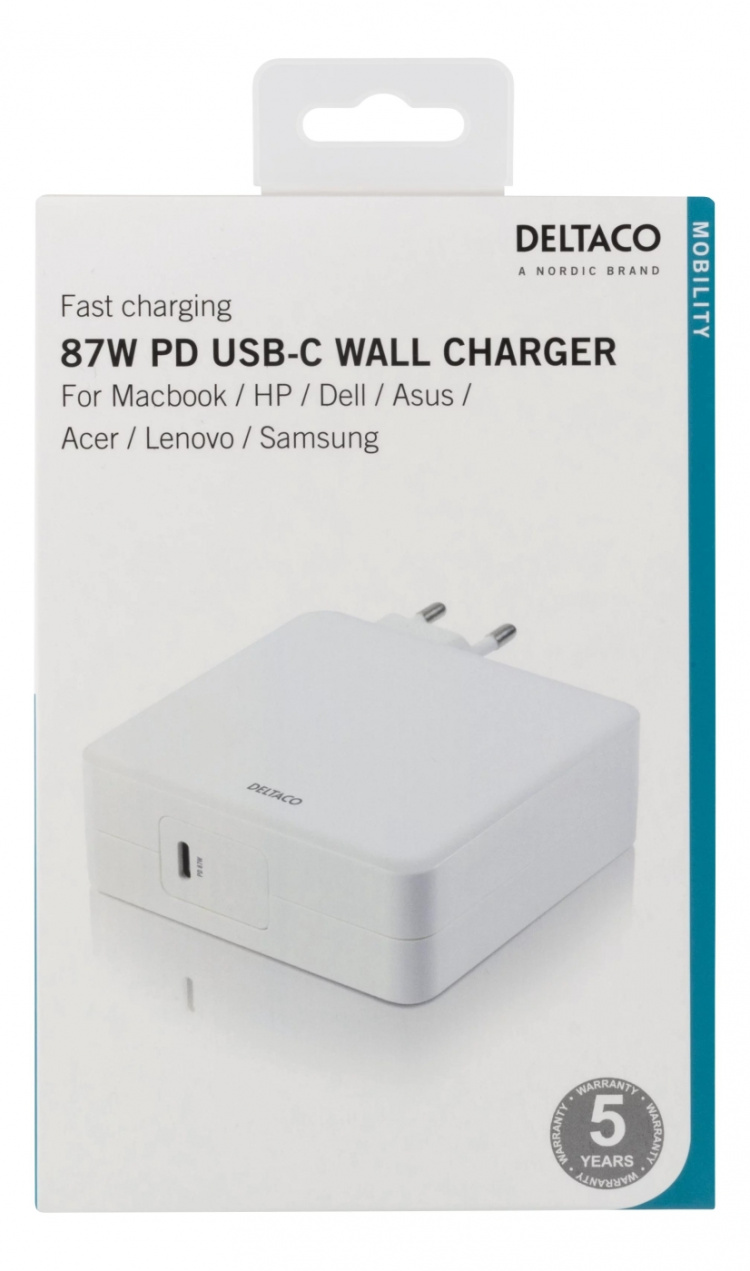 DELTACO 87W USB-C Power supply, Fast charging, USB-C PD, white DELTACO 87W USB-C Power supply, Fast charging, USB-C PD, white