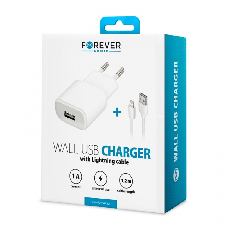 Forever wall charger + iPhone charging cable, USB port, 1A, white Forever wall charger + iPhone charging cable, USB port, 1A, white