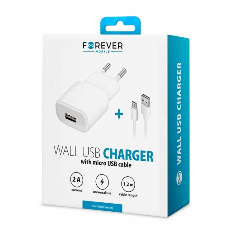 Forever USB Wall Charger TC-01 (2 A) White + micro-USB cable Forever USB Wall Charger TC-01 (2 A) White + micro-USB cable