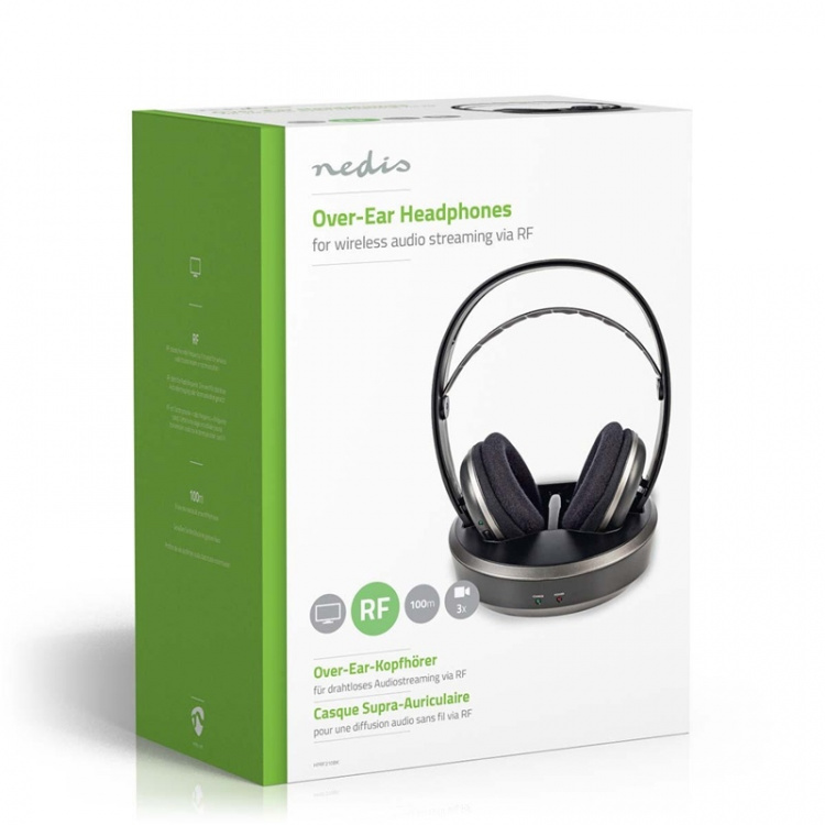 Nedis Wireless TV Headphones | RF, frequency 868 Mhz | Over-Ear | Battery play time: 11 hrs | 100 m | Digital Audio | Charging dock | Black / Silver