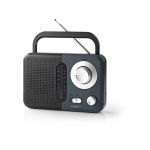 Nedis FM Radio | Portable Design | FM | Battery Powered / Mains Powered | Analogue | 2.4 W | Black White Screen | Headphone output | IP20 | Handle | Black / Grey
