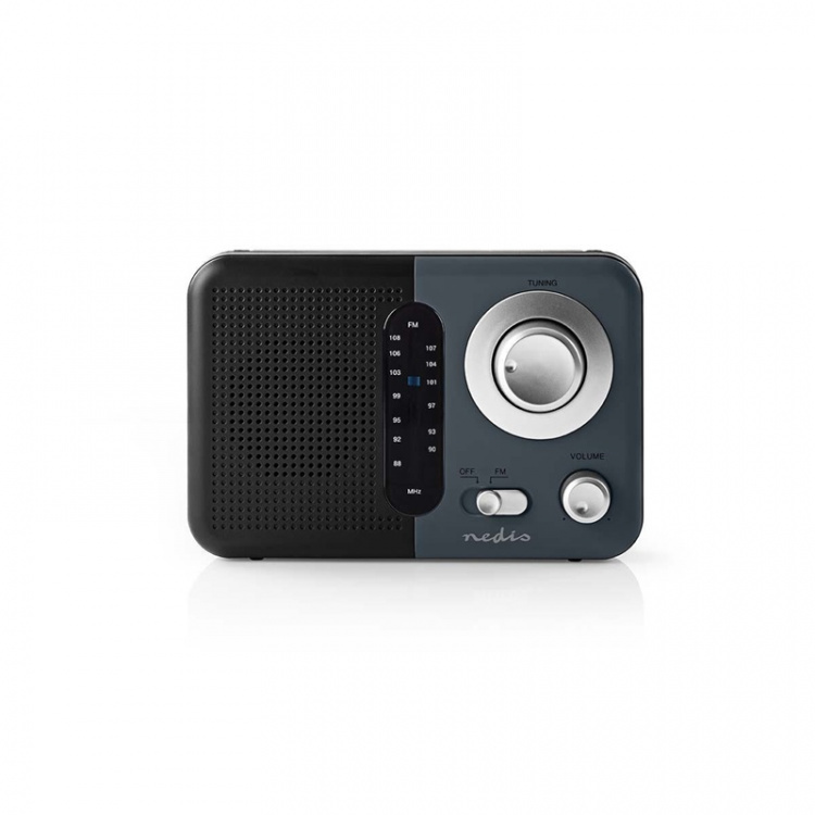 Nedis FM Radio | Portable Design | FM | Battery Powered / Mains Powered | Analogue | 2.4 W | Black White Screen | Headphone output | IP20 | Handle | Black / Grey