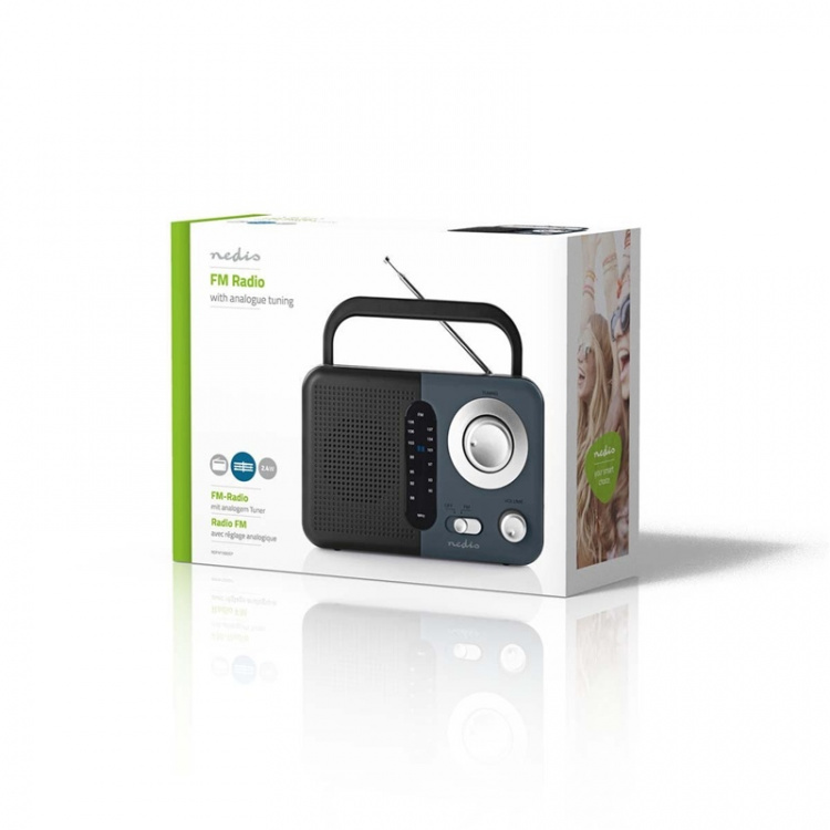 Nedis FM Radio | Portable Design | FM | Battery Powered / Mains Powered | Analogue | 2.4 W | Black White Screen | Headphone output | IP20 | Handle | Black / Grey
