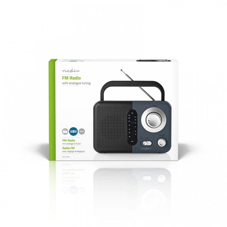 Nedis FM Radio | Portable Design | FM | Battery Powered / Mains Powered | Analogue | 2.4 W | Black White Screen | Headphone output | IP20 | Handle | Black / Grey