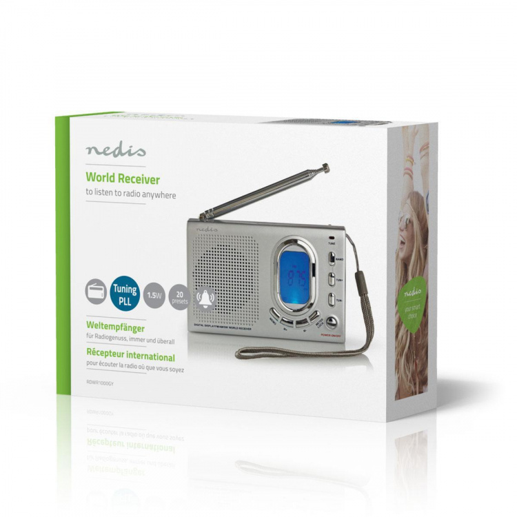 Nedis World Receiver Radio | Portable Design | AM / FM / SW | Battery Powered / Mains Powered | Digital | 1.5 W | Headphone output | Alarm clock | Sleep timer | Grey Nedis World Receiver Radio | Portable Design | AM / FM / SW | Battery Powered / Mains Powered | Digital | 1.5 W | Headphone output | Alarm clock | Sleep timer | Grey