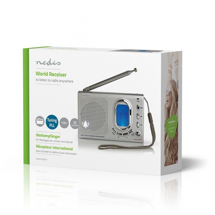 Nedis World Receiver Radio | Portable Design | AM / FM / SW | Battery Powered / Mains Powered | Digital | 1.5 W | Headphone output | Alarm clock | Sleep timer | Grey Nedis World Receiver Radio | Portable Design | AM / FM / SW | Battery Powered / Mains Powered | Digital | 1.5 W | Headphone output | Alarm clock | Sleep timer | Grey