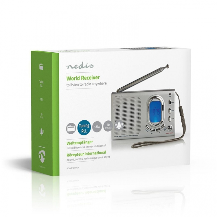 Nedis World Receiver Radio | Portable Design | AM / FM / SW | Battery Powered / Mains Powered | Digital | 1.5 W | Headphone output | Alarm clock | Sleep timer | Grey Nedis World Receiver Radio | Portable Design | AM / FM / SW | Battery Powered / Mains Powered | Digital | 1.5 W | Headphone output | Alarm clock | Sleep timer | Grey
