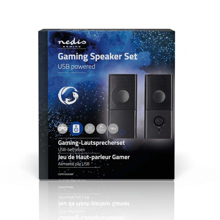 Nedis Gaming Speaker | Speaker channels: 2.0 | USB Powered | 3.5 mm Male | 18 W | Without Lighting | Volume control | Audio / video / data connections output: 1x 3.5 mm Audio Out